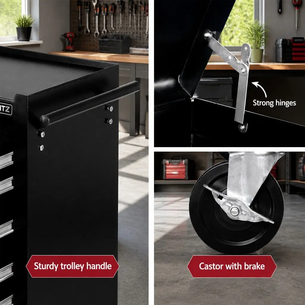 Tool Cabinet Storage Trolley 14 Drawer Black Grey 61.5cm x 33cm x 112cm