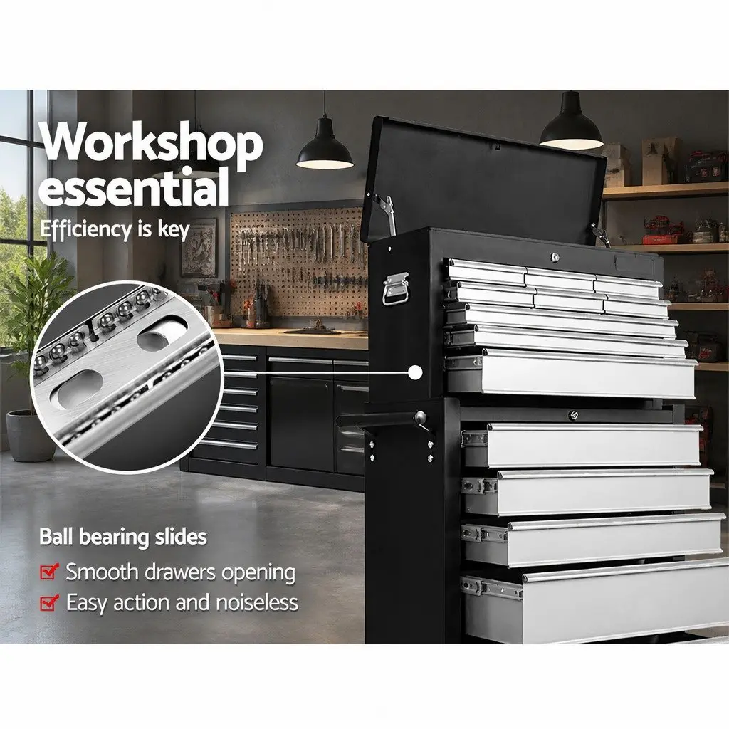Tool Cabinet Storage Trolley 14 Drawer Black Grey 61.5cm x 33cm x 112cm