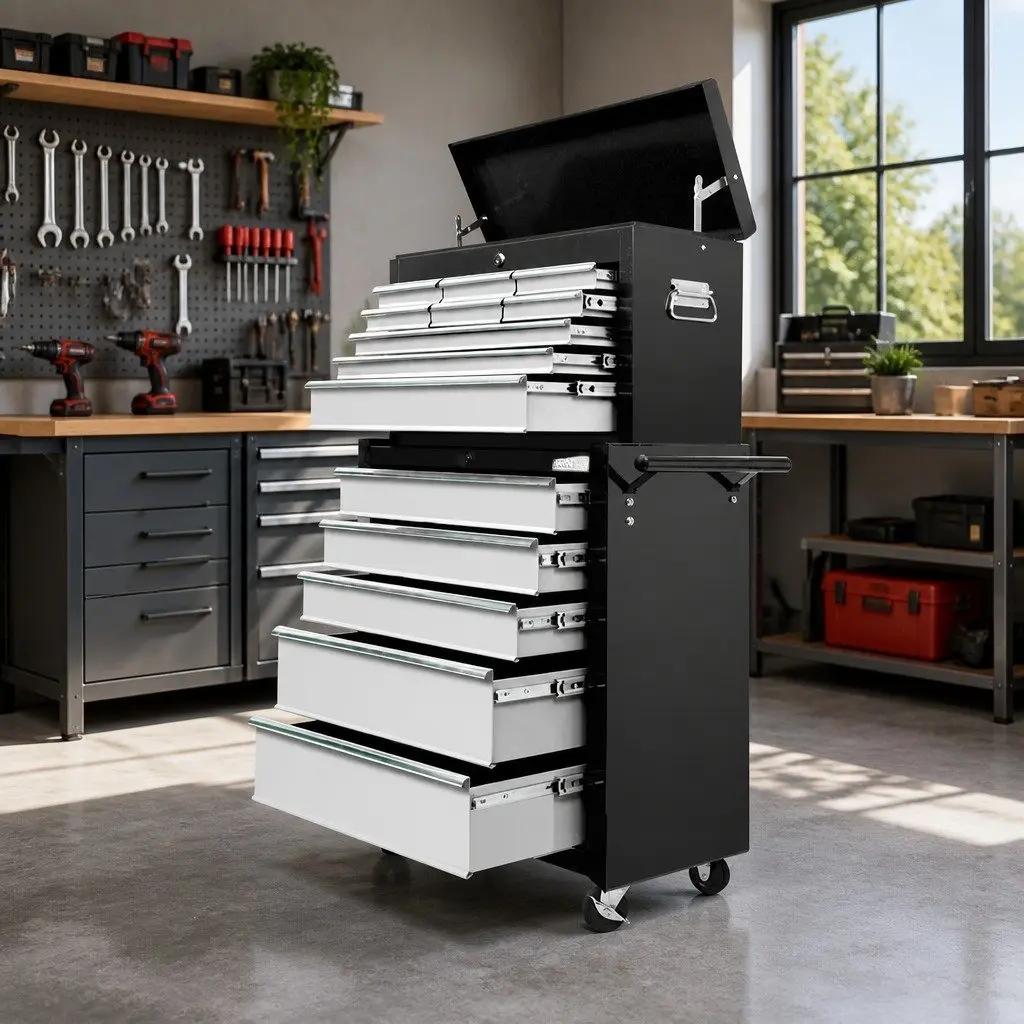 Tool Cabinet Storage Trolley 14 Drawer Black Grey 61.5cm x 33cm x 112cm