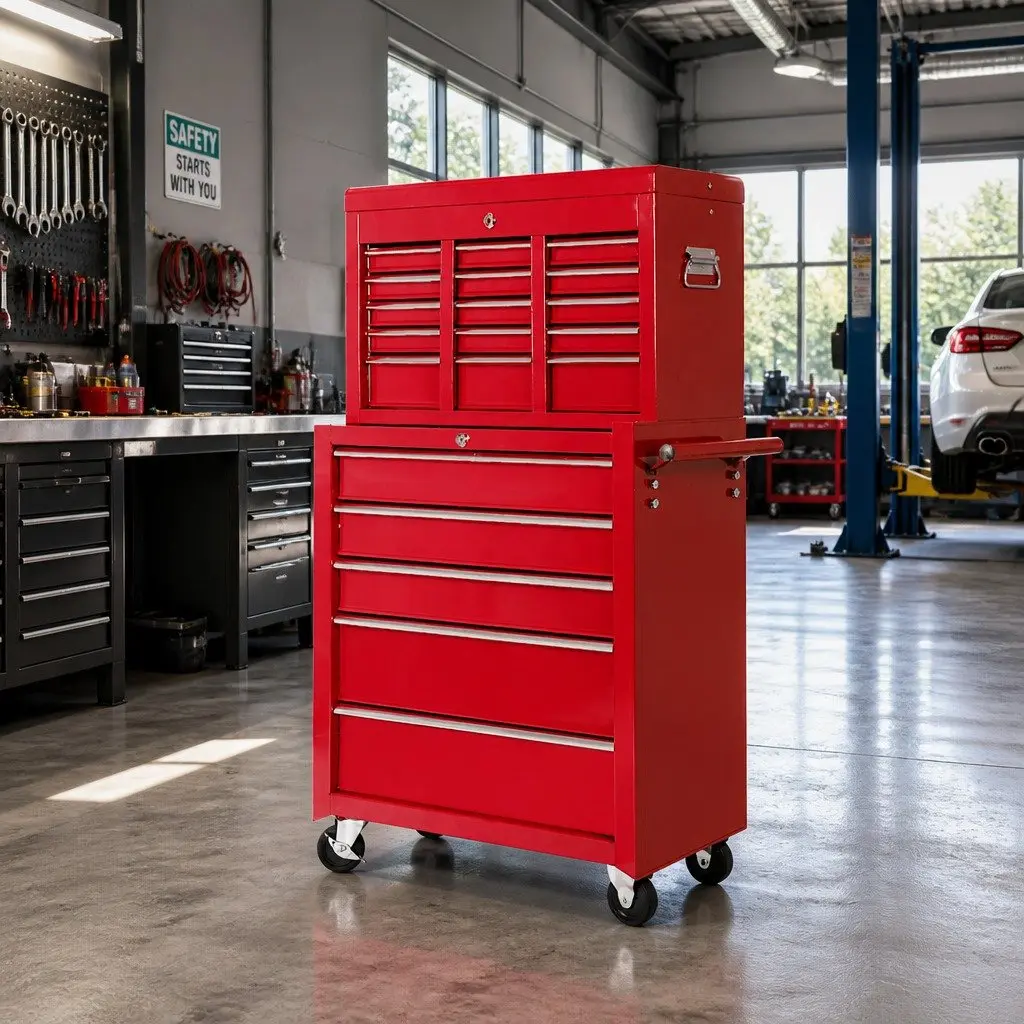 14 Drawer Tool Cabinet Storage Trolley Chest Mechanic Garage Workshop Red