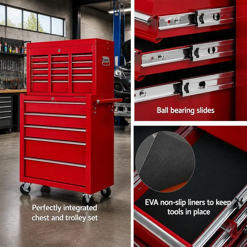 14 Drawer Tool Cabinet Storage Trolley Chest Mechanic Garage Workshop Red