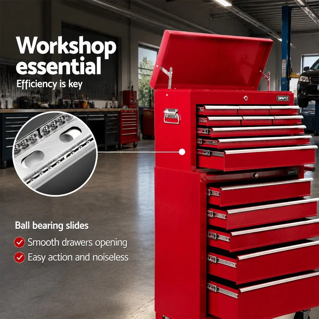 14 Drawer Tool Cabinet Storage Trolley Chest Mechanic Garage Workshop Red