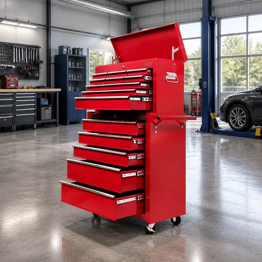 14 Drawer Tool Cabinet Storage Trolley Chest Mechanic Garage Workshop Red