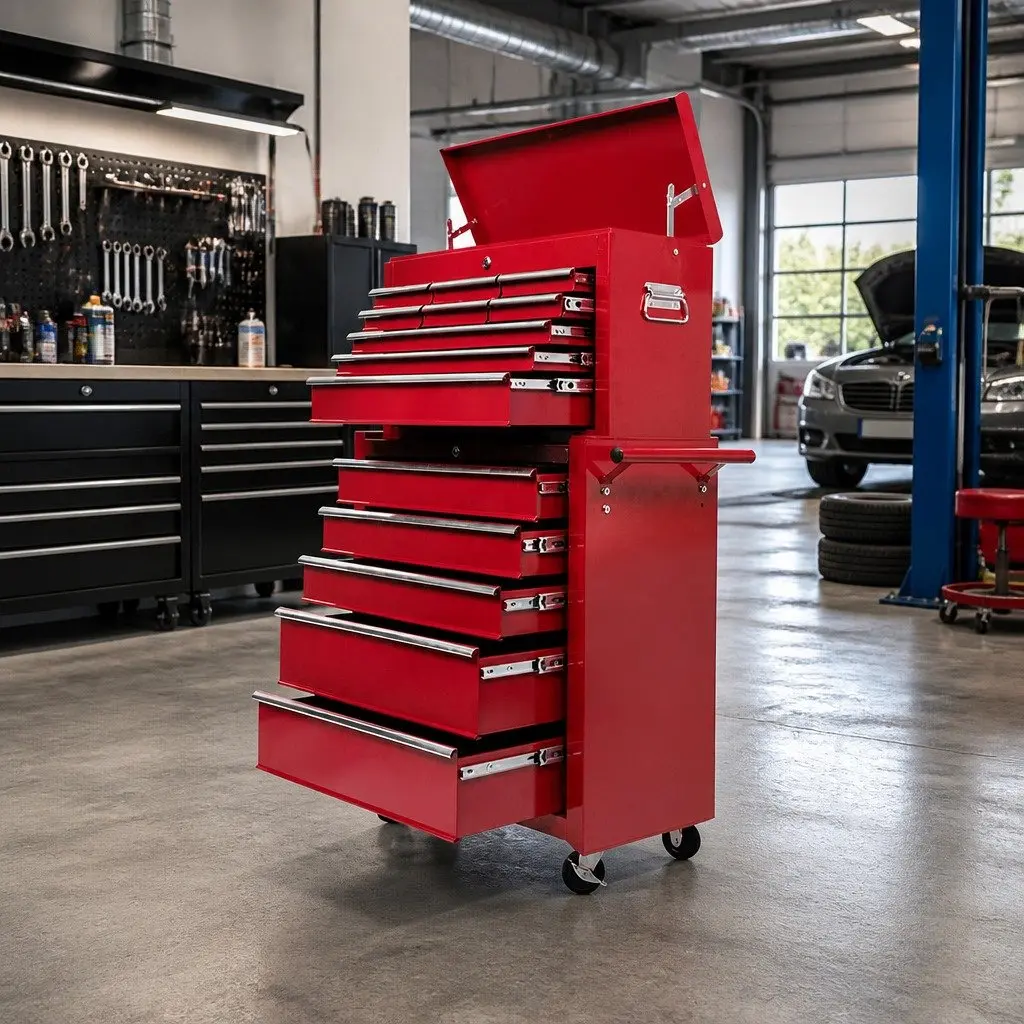 14 Drawer Tool Cabinet Storage Trolley Chest Mechanic Garage Workshop Red