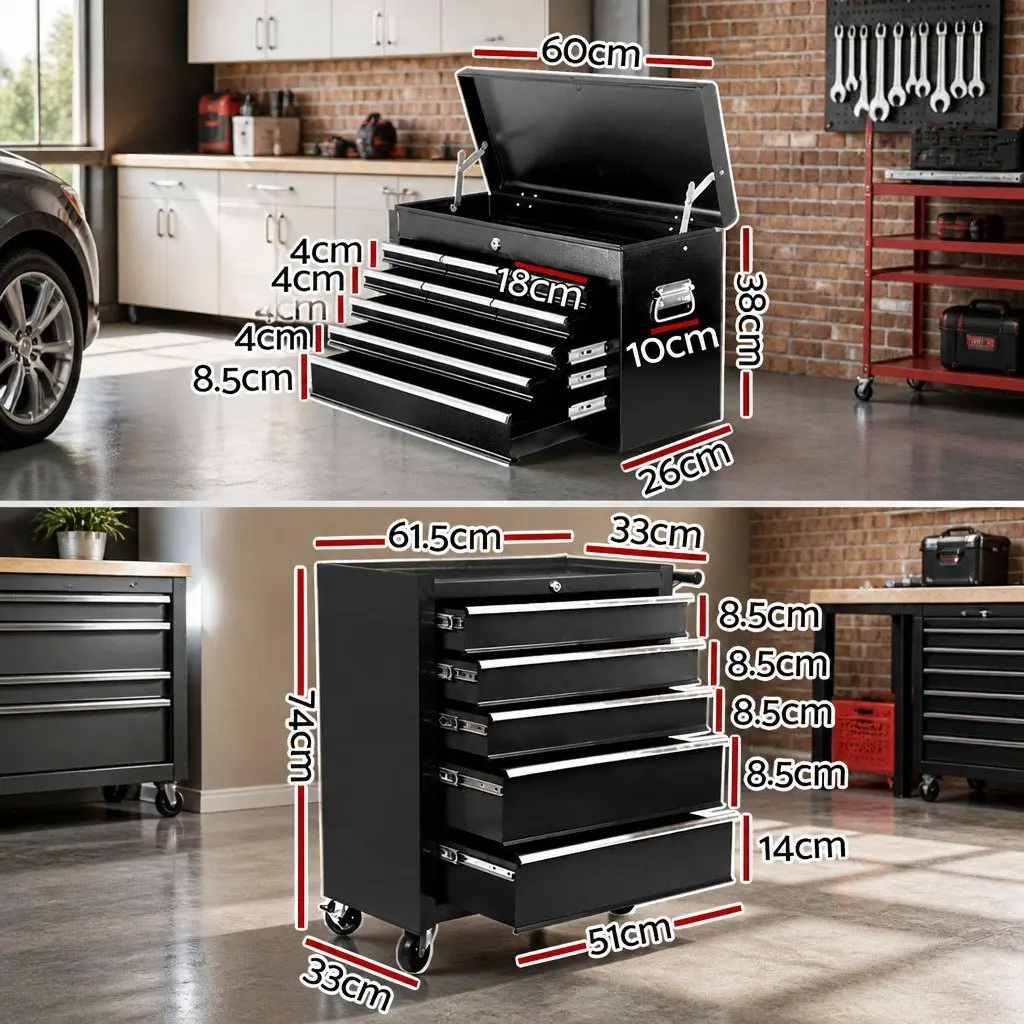 14 Drawer Tool Box Cabinet Chest Mechanic Garage Storage Trolley Black Steel