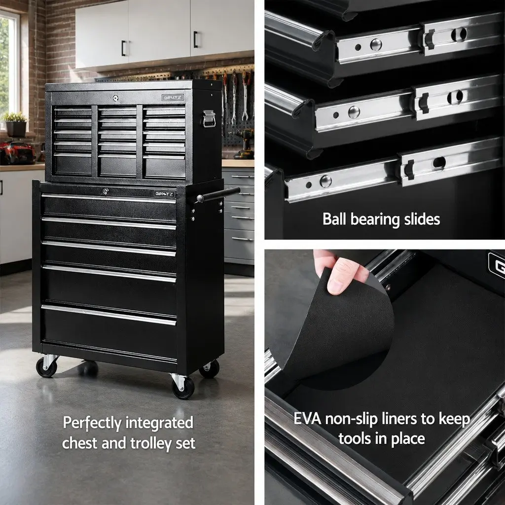 14 Drawer Tool Box Cabinet Chest Mechanic Garage Storage Trolley Black Steel