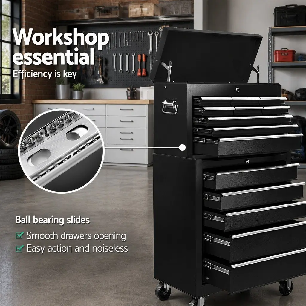14 Drawer Tool Box Cabinet Chest Mechanic Garage Storage Trolley Black Steel