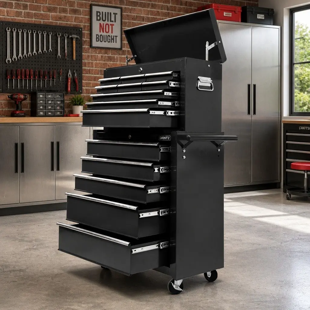14 Drawer Tool Box Cabinet Chest Mechanic Garage Storage Trolley Black Steel