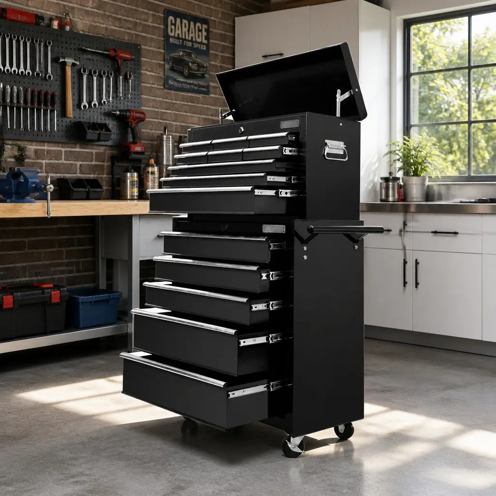 14 Drawer Tool Box Cabinet Chest Mechanic Garage Storage Trolley Black Steel
