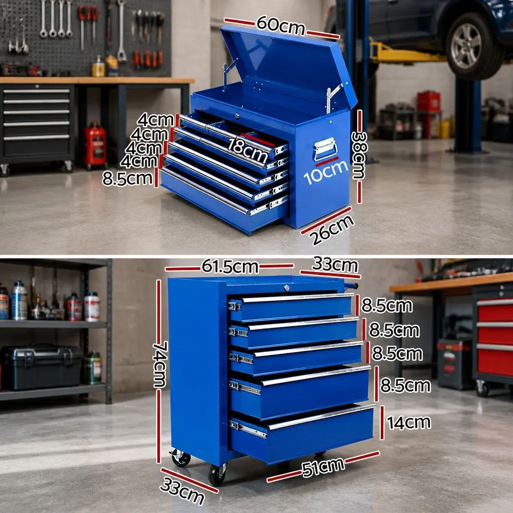 Tool Cabinet Storage Trolley 14 Drawer Steel Blue 61.5cm x 33cm x 112cm