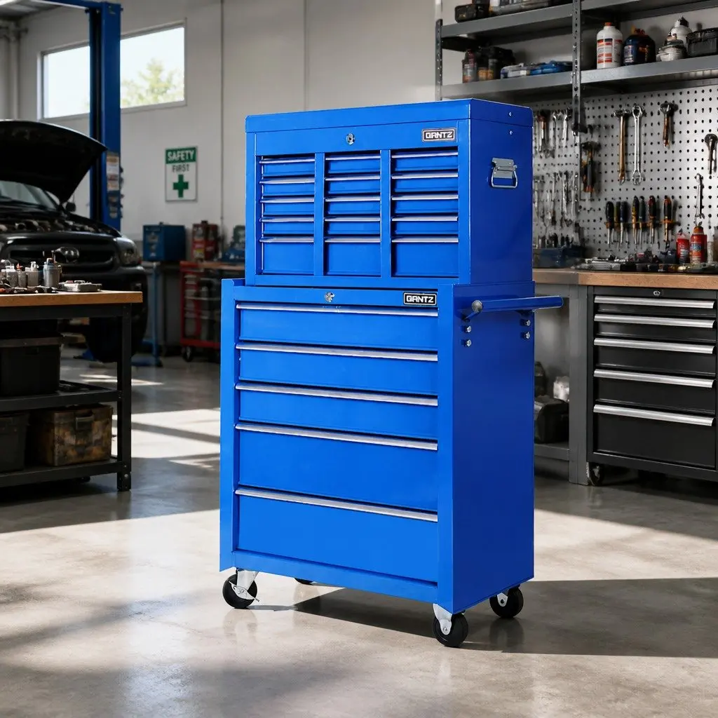 Tool Cabinet Storage Trolley 14 Drawer Steel Blue 61.5cm x 33cm x 112cm