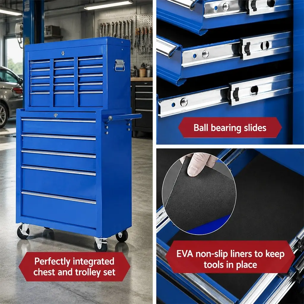 Tool Cabinet Storage Trolley 14 Drawer Steel Blue 61.5cm x 33cm x 112cm