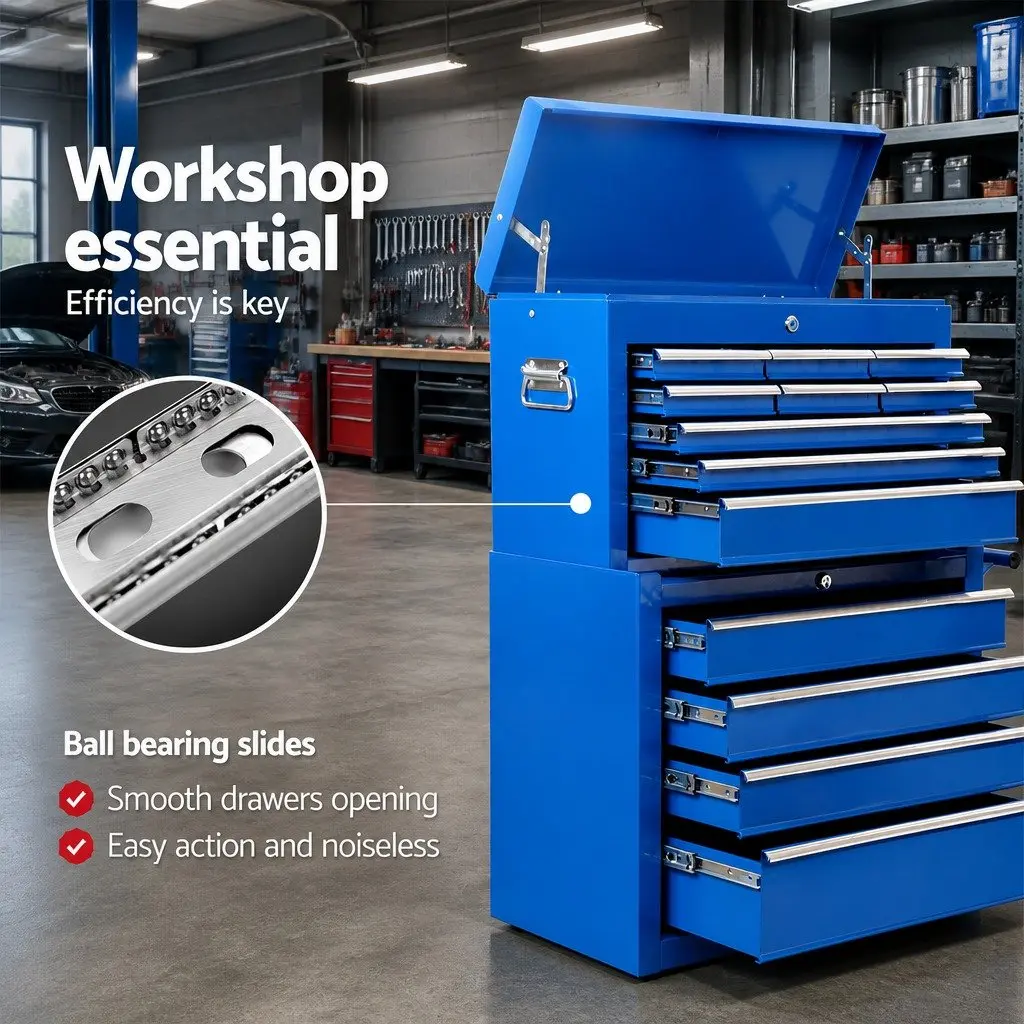 Tool Cabinet Storage Trolley 14 Drawer Steel Blue 61.5cm x 33cm x 112cm