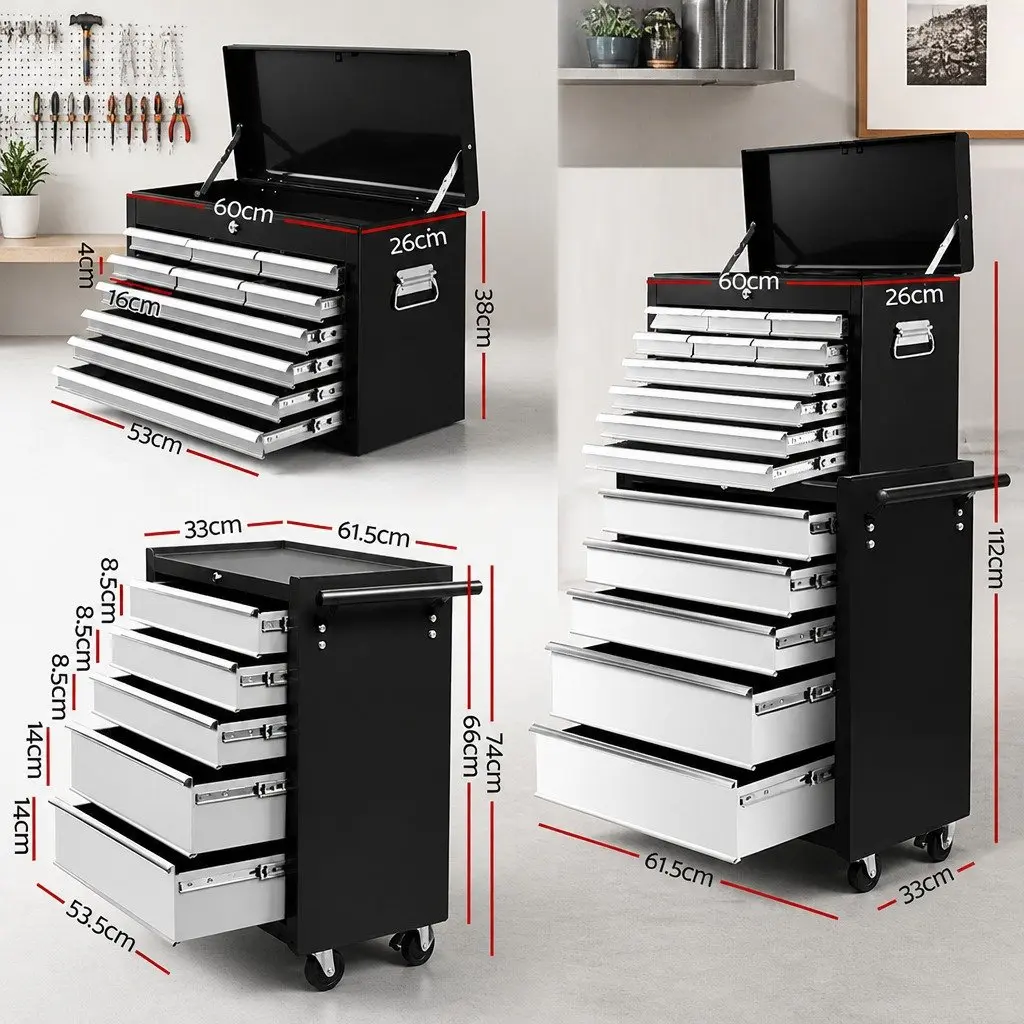 15 Drawer Tool Chest Trolley 2-in-1 Storage Cabinet Workshop Organizer Black