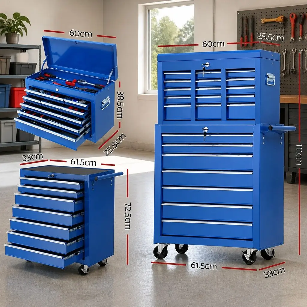 Tool Cabinet Storage Trolley 16 Drawers Garage Workshop Blue Steel