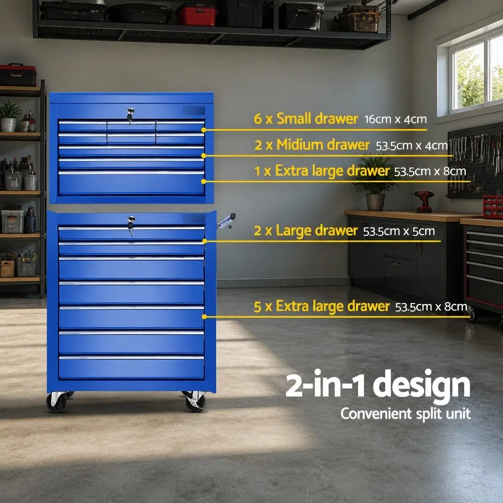 Tool Cabinet Storage Trolley 16 Drawers Garage Workshop Blue Steel