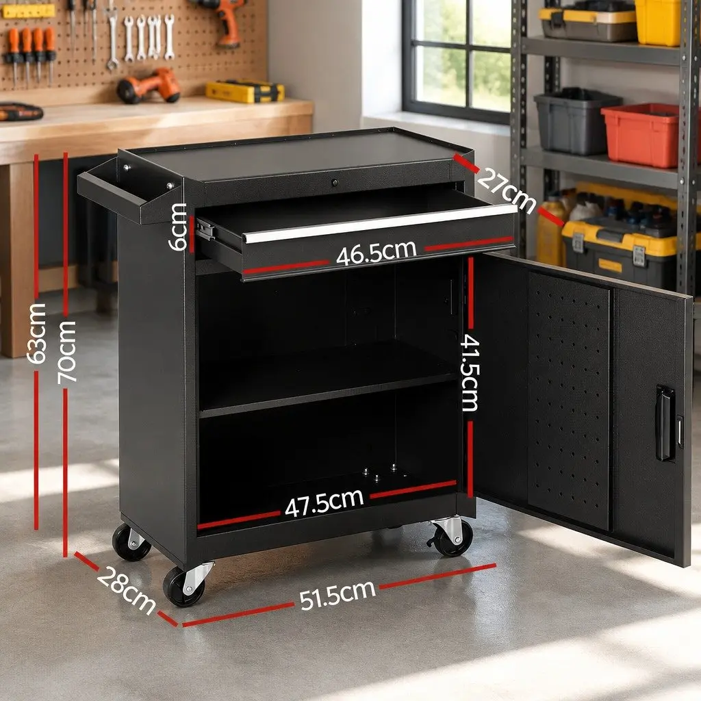 Tool Chest Trolley Cabinet Rolling Toolbox Garage Storage Organizer Black