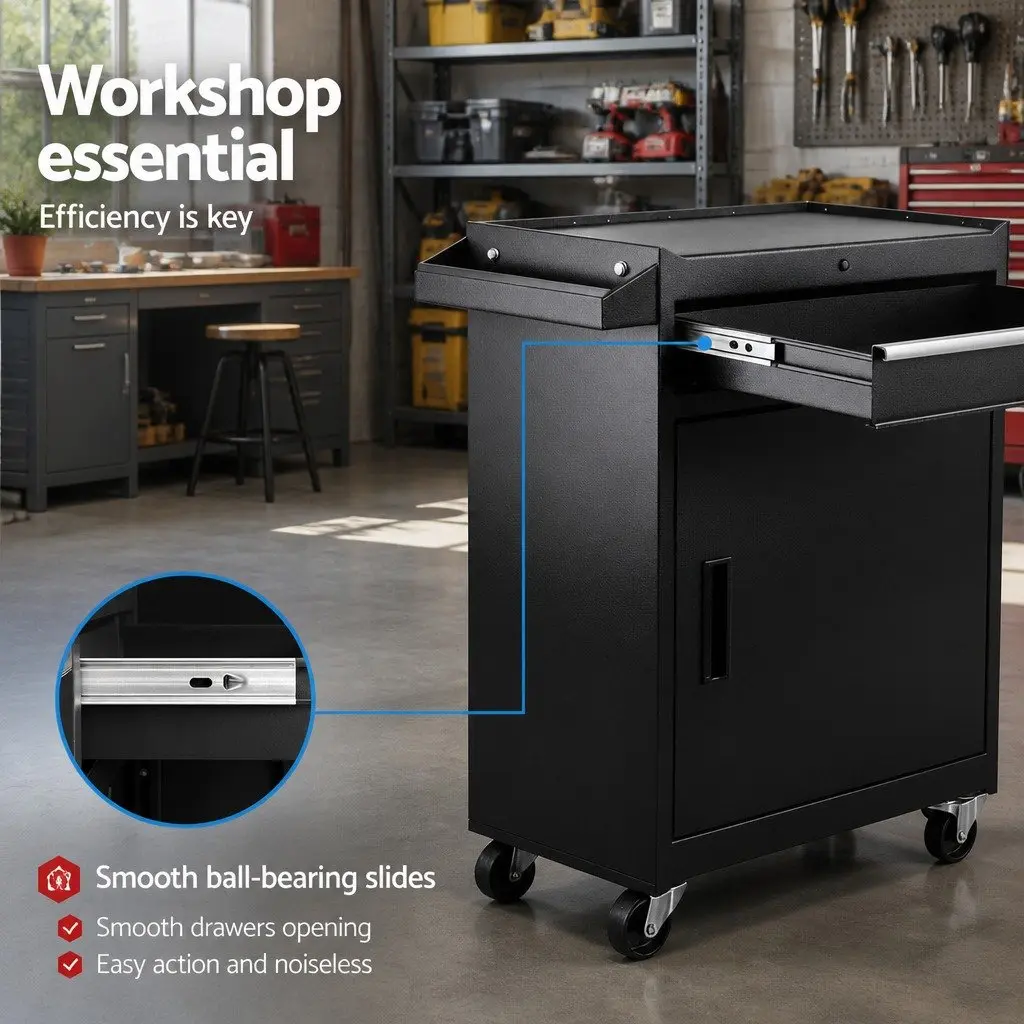 Tool Chest Trolley Cabinet Rolling Toolbox Garage Storage Organizer Black