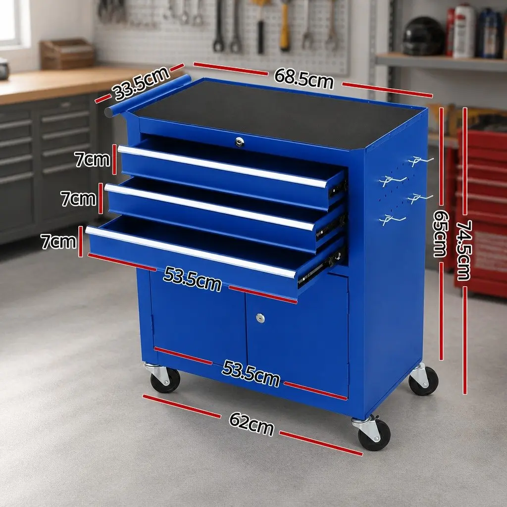 3 Drawer Tool Box Cabinet Chest Storage Organiser Garage Workshop Trolley Blue