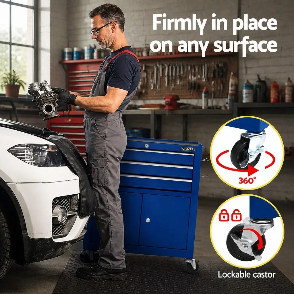 3 Drawer Tool Box Cabinet Chest Storage Organiser Garage Workshop Trolley Blue