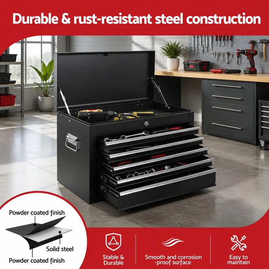 Tool Chest Storage Organiser 5 Drawer Lockable Black Steel 60cm x 26cm x 35cm
