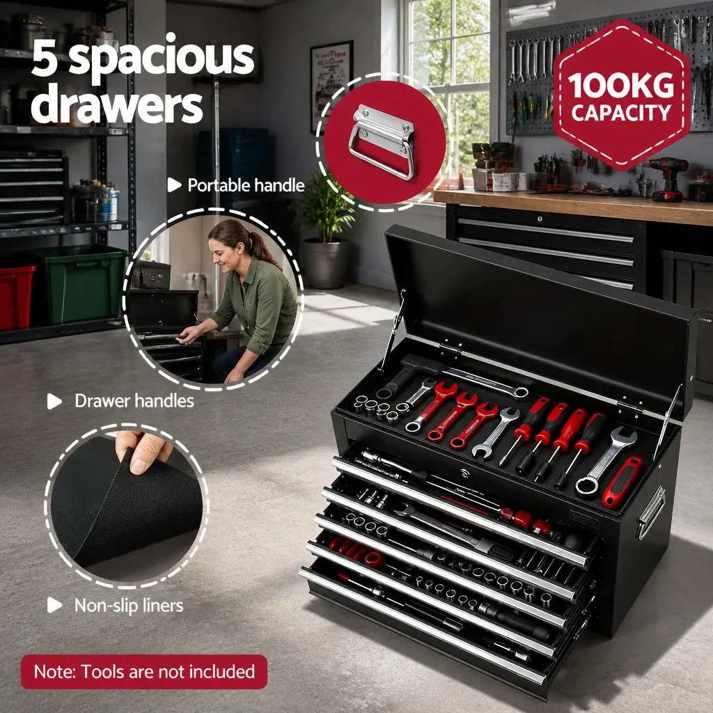 Tool Chest Storage Organiser 5 Drawer Lockable Black Steel 60cm x 26cm x 35cm
