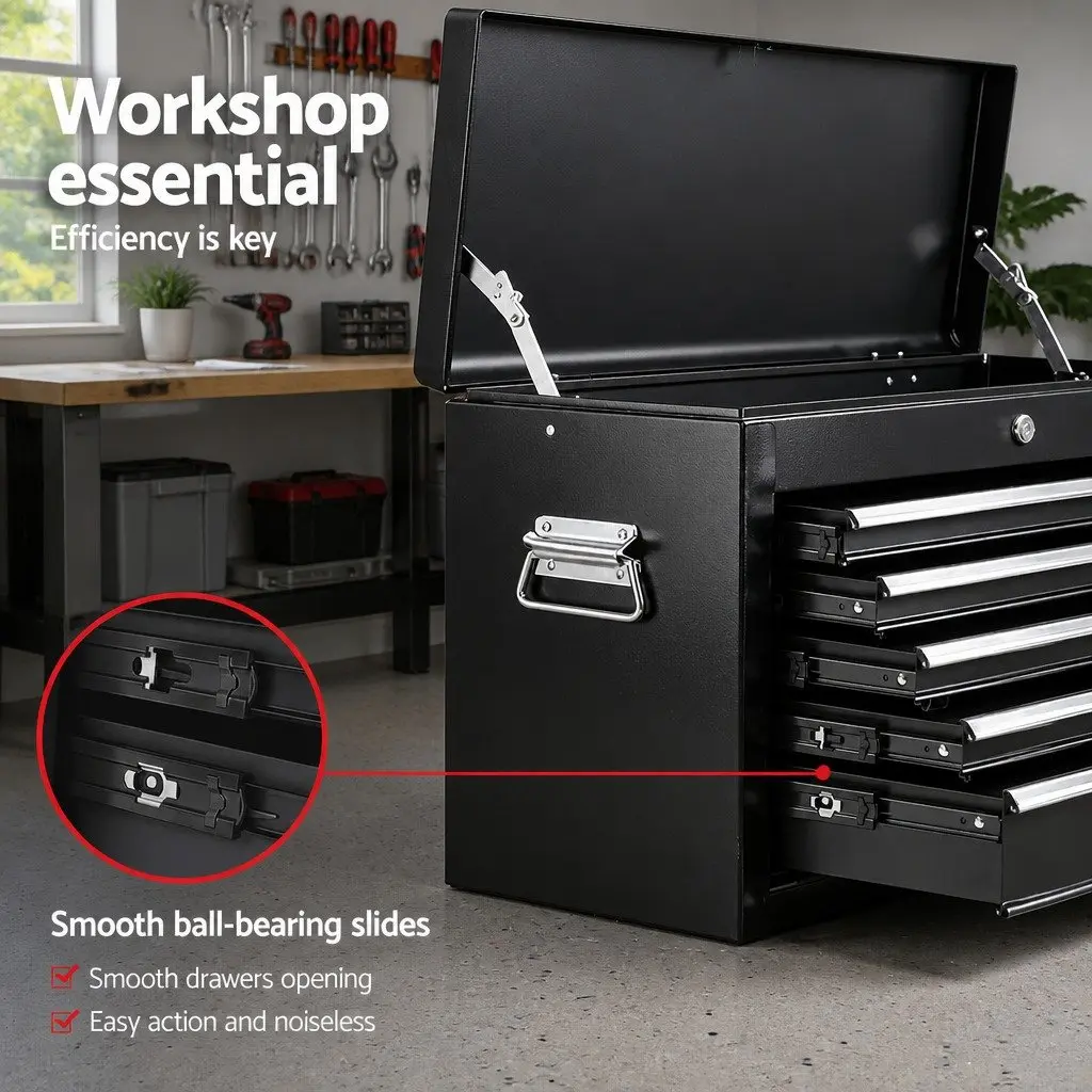 Tool Chest Storage Organiser 5 Drawer Lockable Black Steel 60cm x 26cm x 35cm