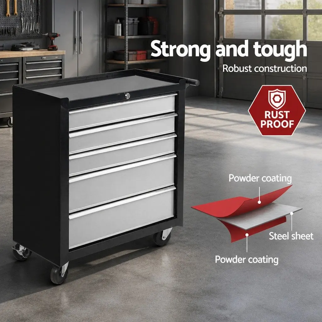 5 Drawer Tool Cabinet Trolley Steel Garage Storage Organizer Black or Grey
