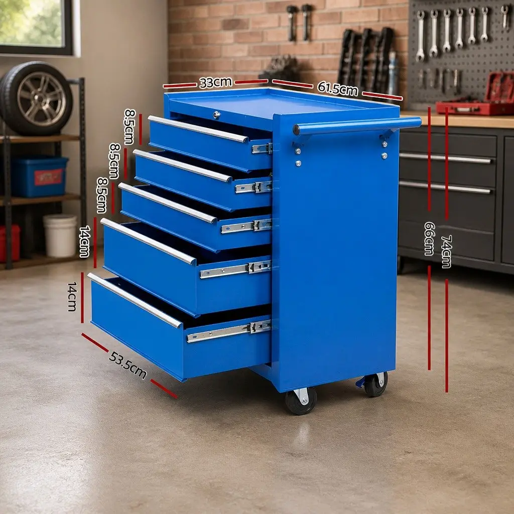 Tool Cabinet Storage Trolley 5 Drawer Organizer Garage Workshop Blue