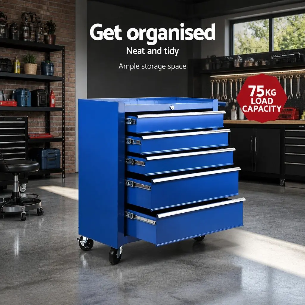 Tool Cabinet Storage Trolley 5 Drawer Organizer Garage Workshop Blue