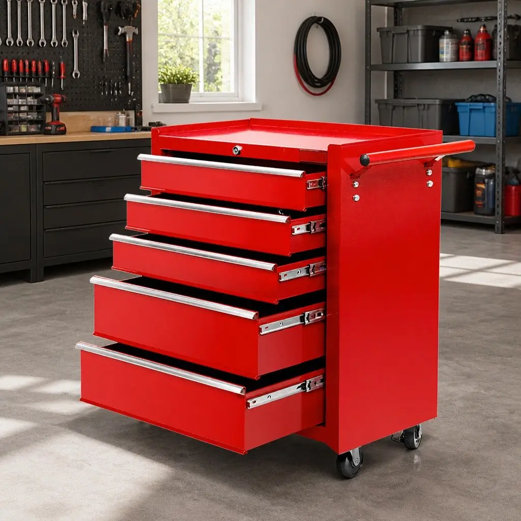 Tool Cabinet Storage Trolley Organizer 5 Drawer Red