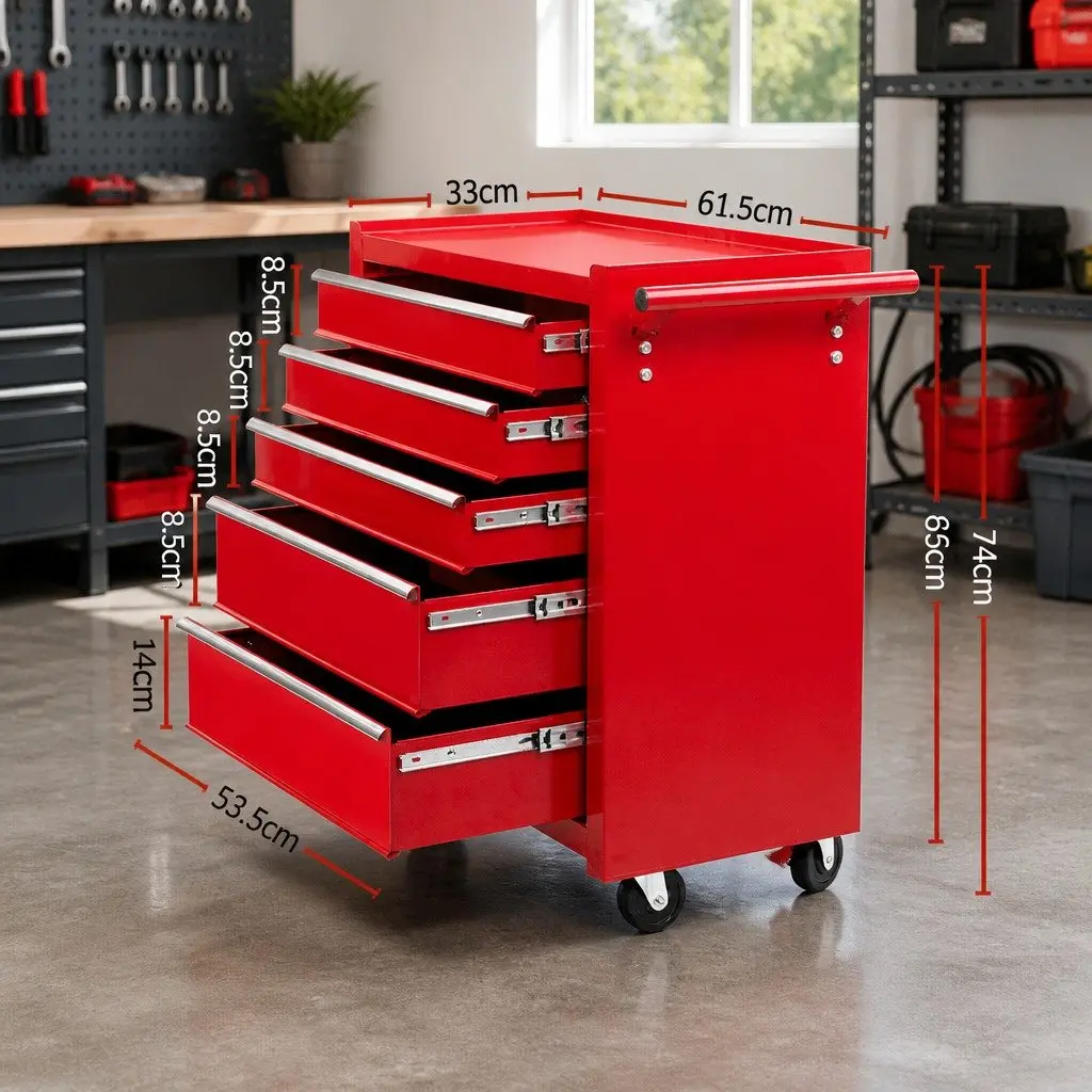 Tool Cabinet Storage Trolley Organizer 5 Drawer Red