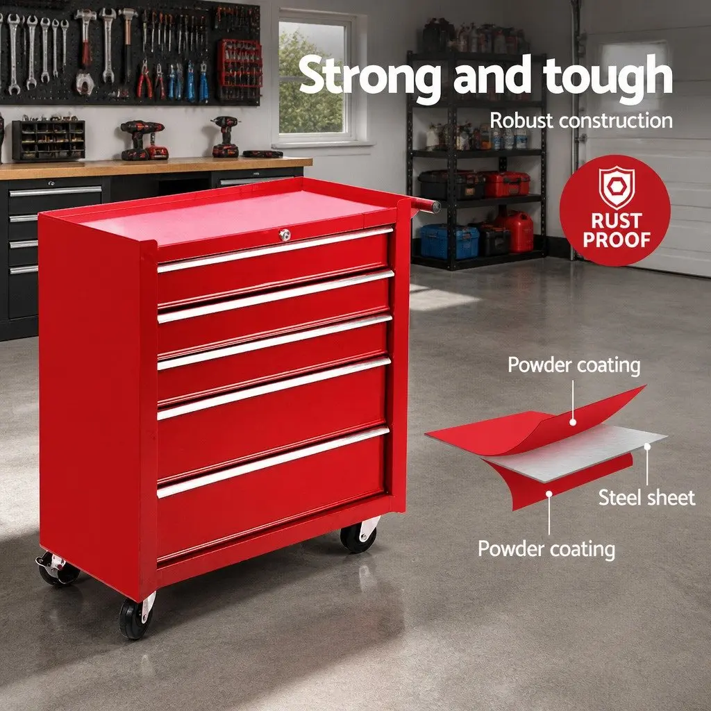 Tool Cabinet Storage Trolley Organizer 5 Drawer Red