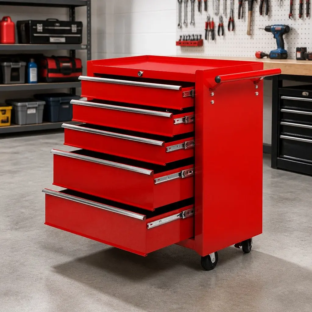 Tool Cabinet Storage Trolley Organizer 5 Drawer Red