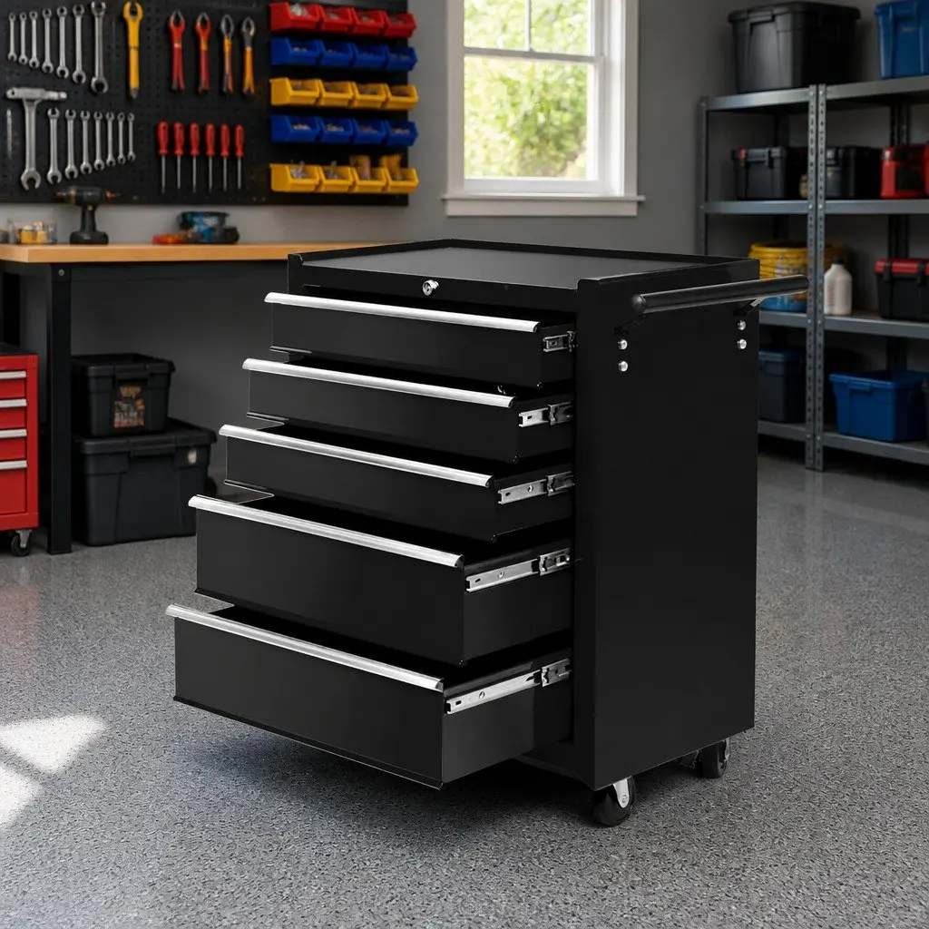 Tool Cabinet Storage Trolley 5 Drawer Lockable Black 61.5cm x 33cm x 74cm