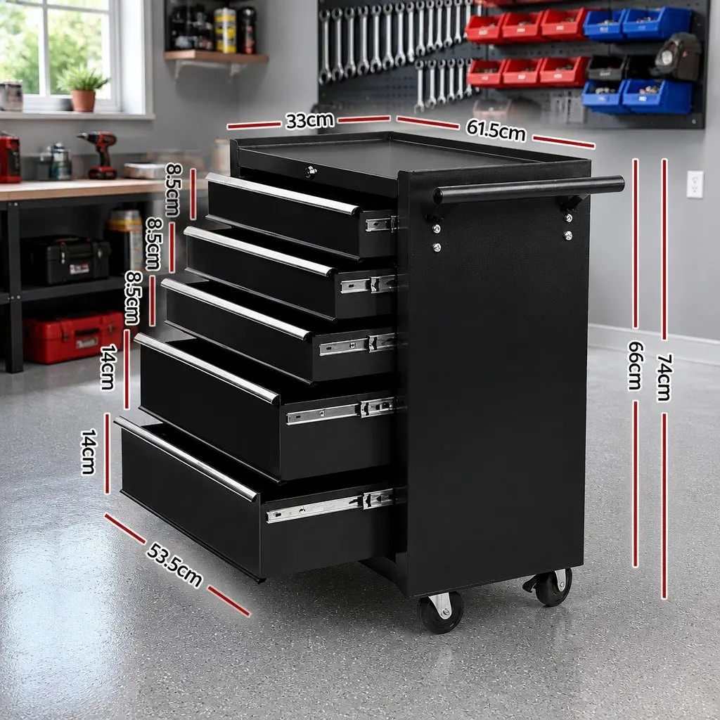 Tool Cabinet Storage Trolley 5 Drawer Lockable Black 61.5cm x 33cm x 74cm