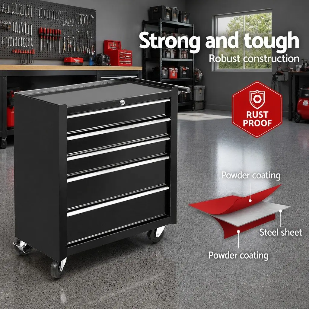 Tool Cabinet Storage Trolley 5 Drawer Lockable Black 61.5cm x 33cm x 74cm