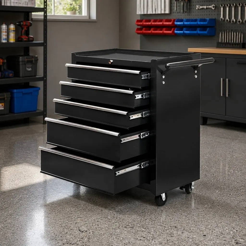 Tool Cabinet Storage Trolley 5 Drawer Lockable Black 61.5cm x 33cm x 74cm