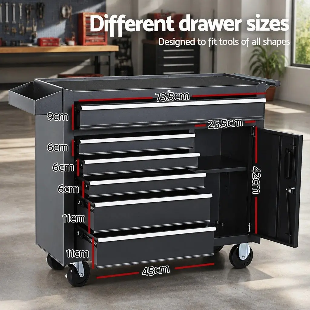 Tool Cabinet Storage Trolley 6 Drawer Black 81.5cm x 33cm x 65cm