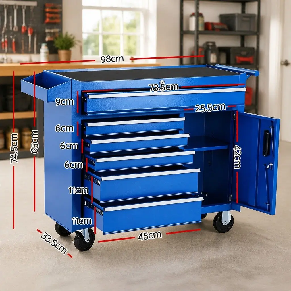 6 Drawer Tool Chest Trolley Storage Cabinet Organiser with Wheels Lockable