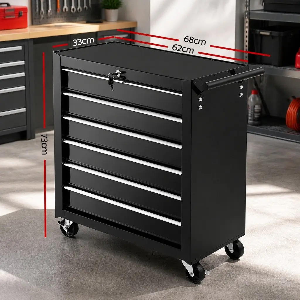 Tool Cabinet Storage Trolley 6 Drawer Black Steel 68cm x 33cm x 73cm