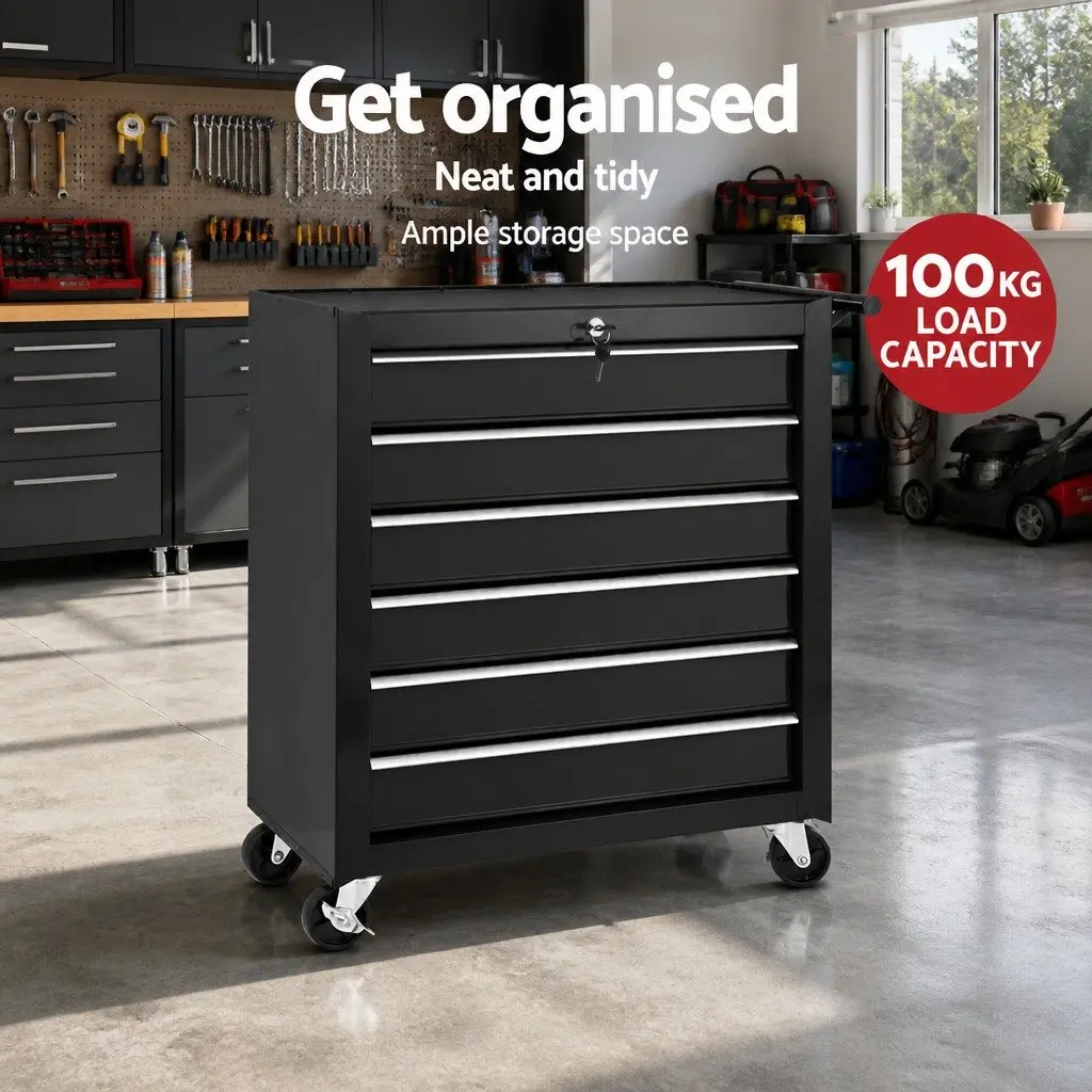 Tool Cabinet Storage Trolley 6 Drawer Black Steel 68cm x 33cm x 73cm