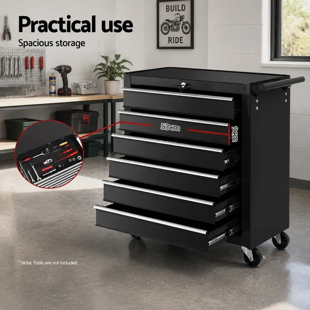 Tool Cabinet Storage Trolley 6 Drawer Black Steel 68cm x 33cm x 73cm