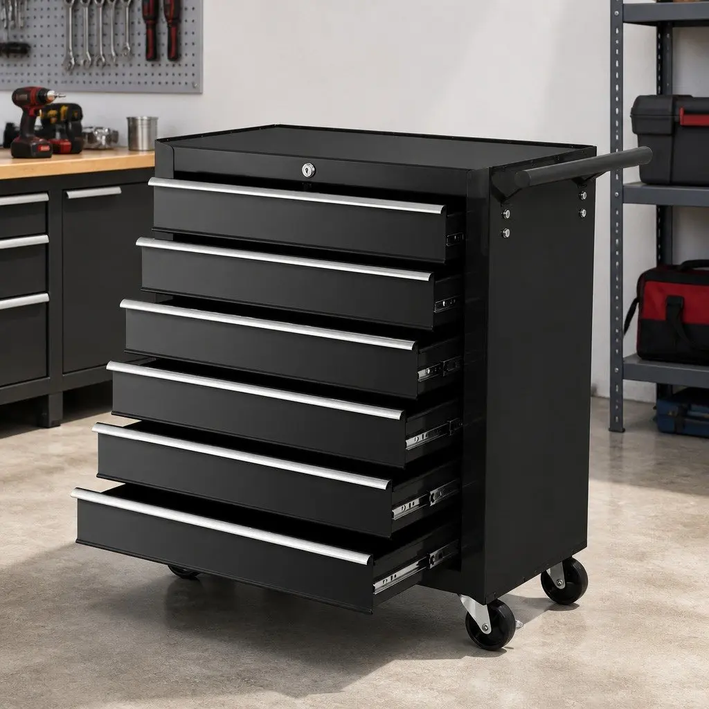 Tool Cabinet Storage Trolley 6 Drawer Black Steel 68cm x 33cm x 73cm