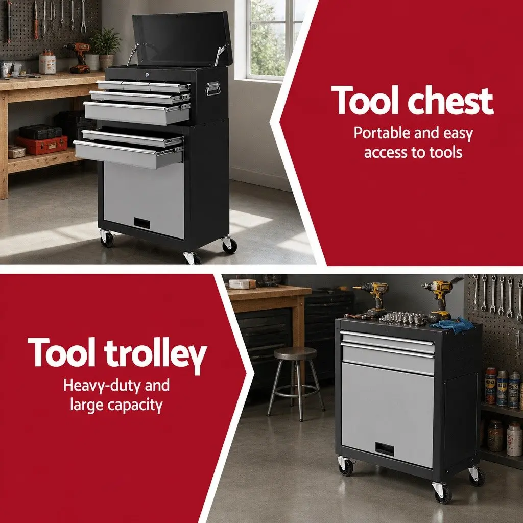 Tool Cabinet Chest Trolley Mobile Workshop Organizer 7 Drawer Black and Silver