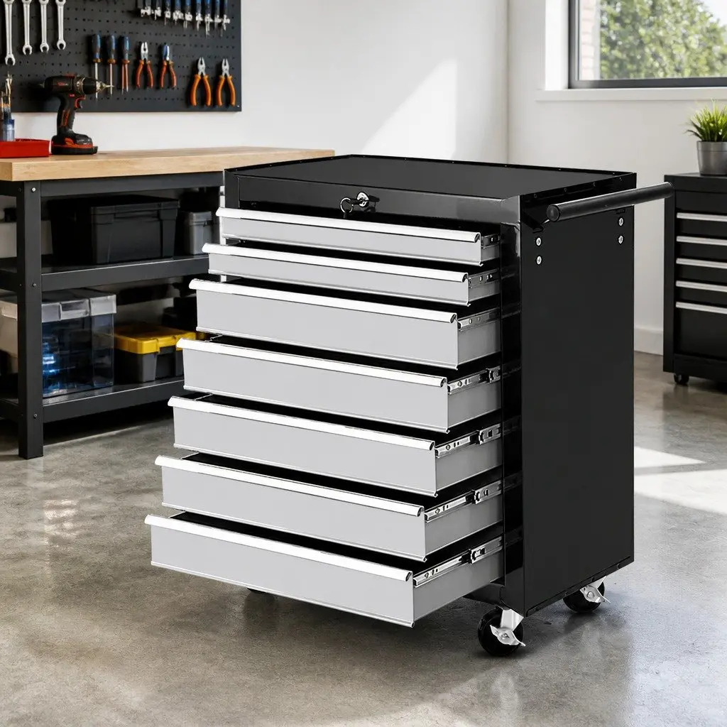 7 Drawer Tool Box Trolley Cabinet Storage Chest Workshop Garage Organizer Black