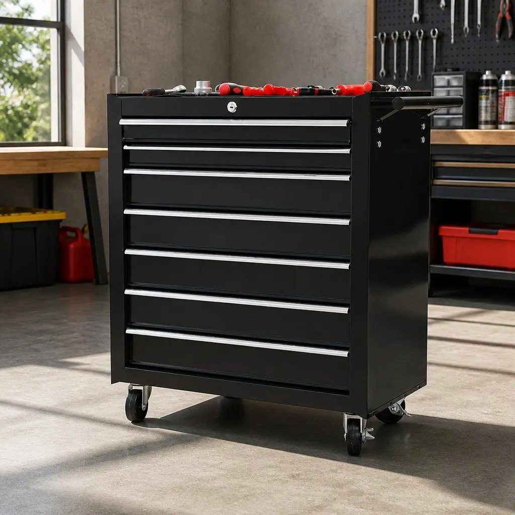 7 Drawer Tool Box Cabinet Chest Trolley Storage Garage Toolbox Black Steel