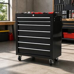 7 Drawer Tool Box Cabinet Chest Trolley Storage Garage Toolbox Black Steel