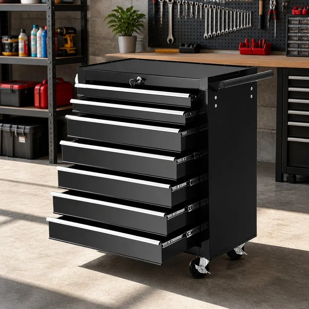 7 Drawer Tool Box Cabinet Chest Trolley Storage Garage Toolbox Black Steel
