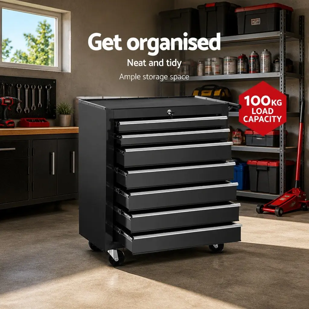 7 Drawer Tool Box Cabinet Chest Trolley Storage Garage Toolbox Black Steel